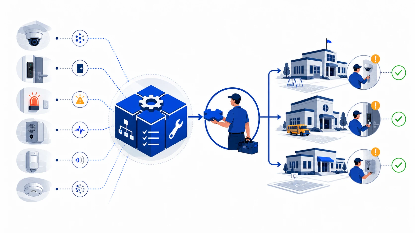 Security platforms connect through reusable Cobalt capabilities and a local service partner to produce verified outcomes across district campuses.