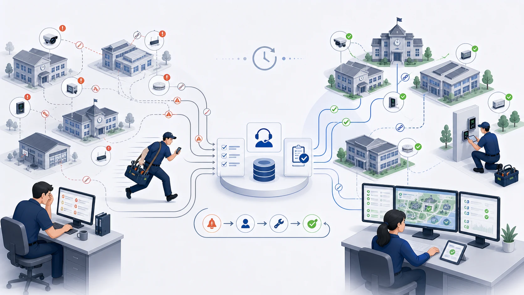 A reactive district security estate becomes a managed operating record with verified health and proactive service.