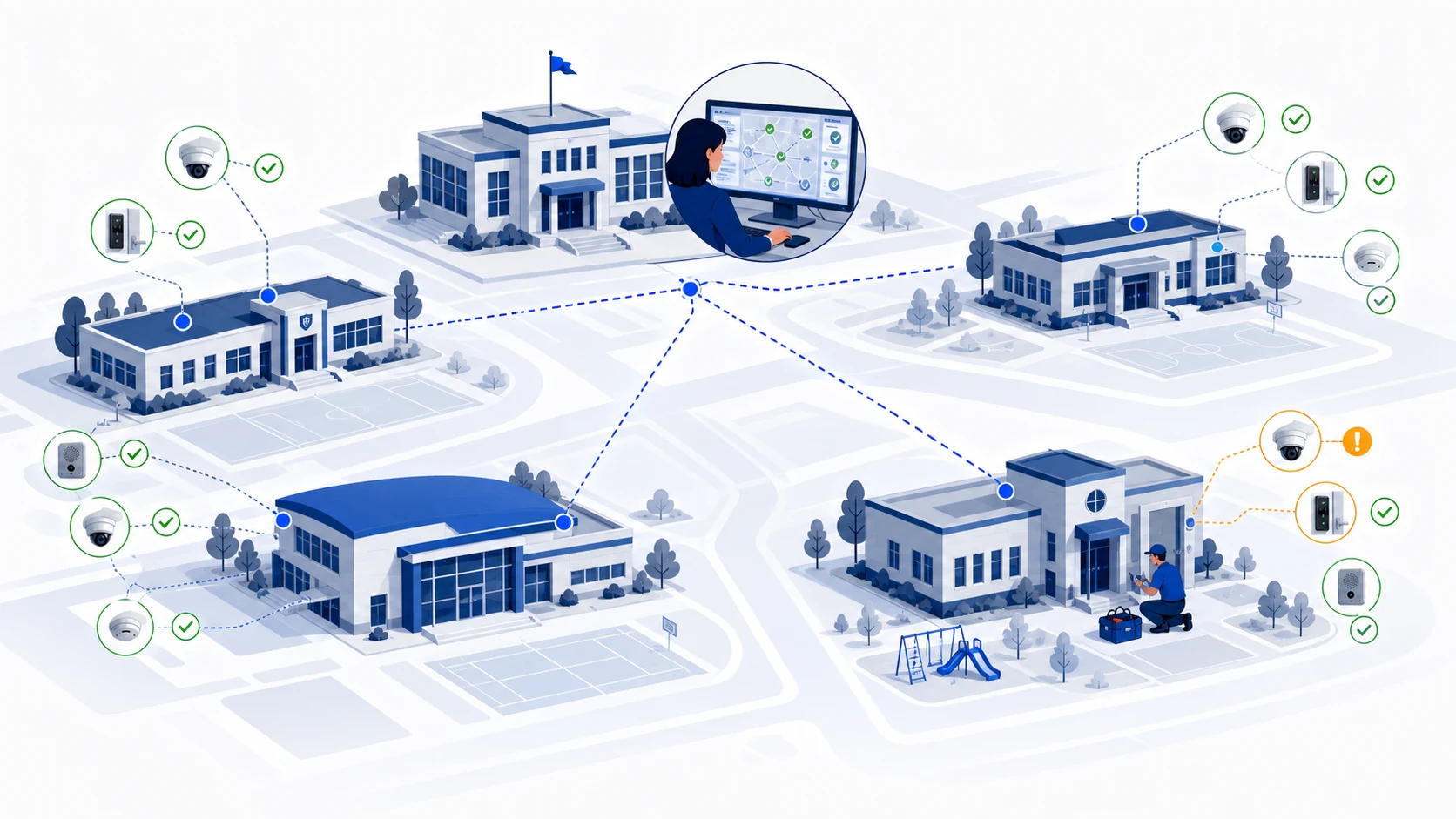 A district-wide operating view connects the technical health of multiple schools while a local technician resolves an active fault.