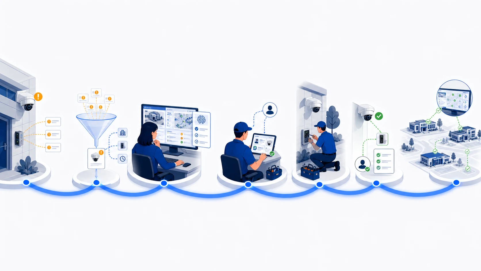 A security-system fault moves through filtering, service management, technician repair, verification, and district reporting.