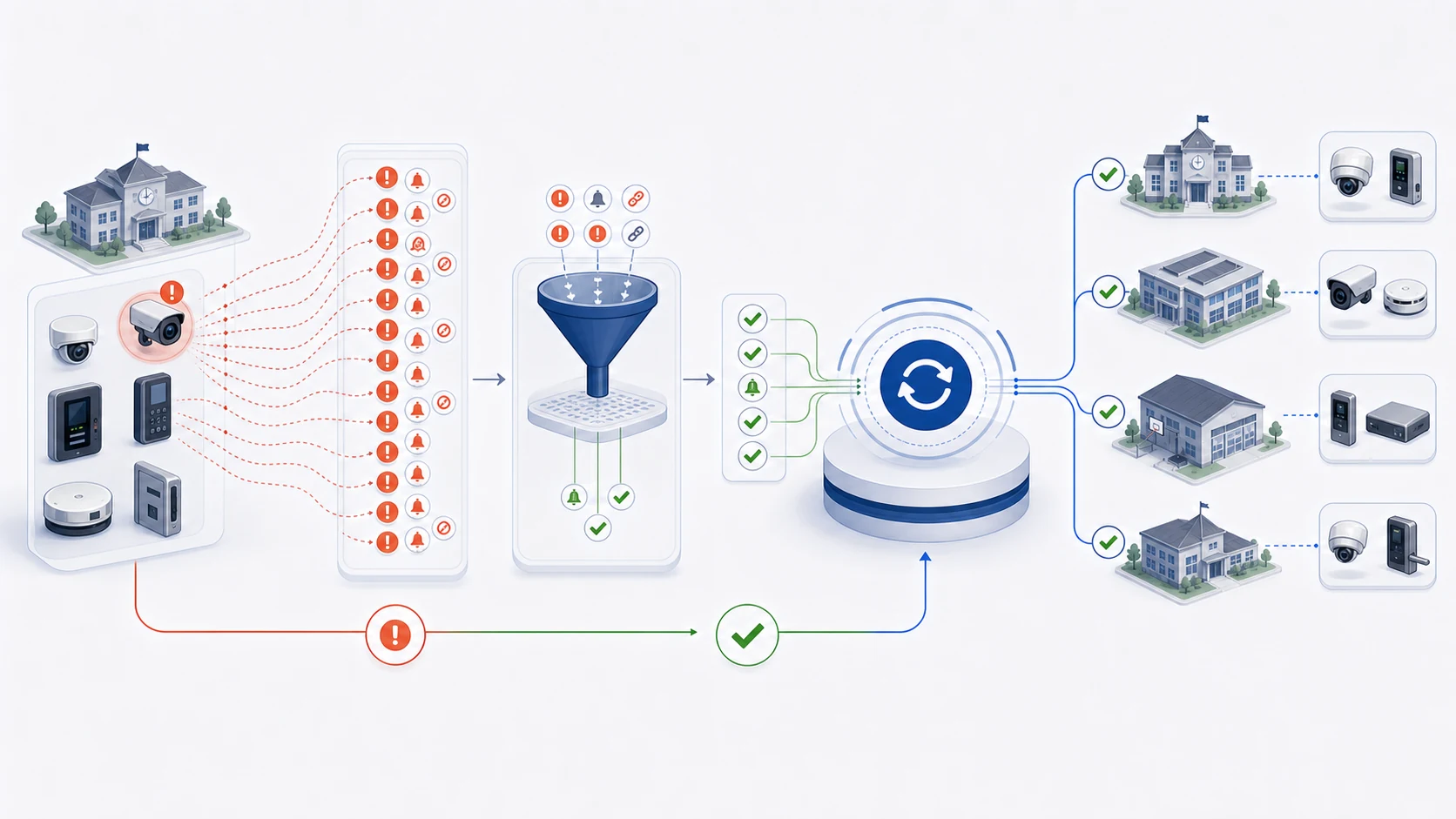 Raw device alerts are filtered and deduplicated into managed events before the service expands across additional systems and campuses.