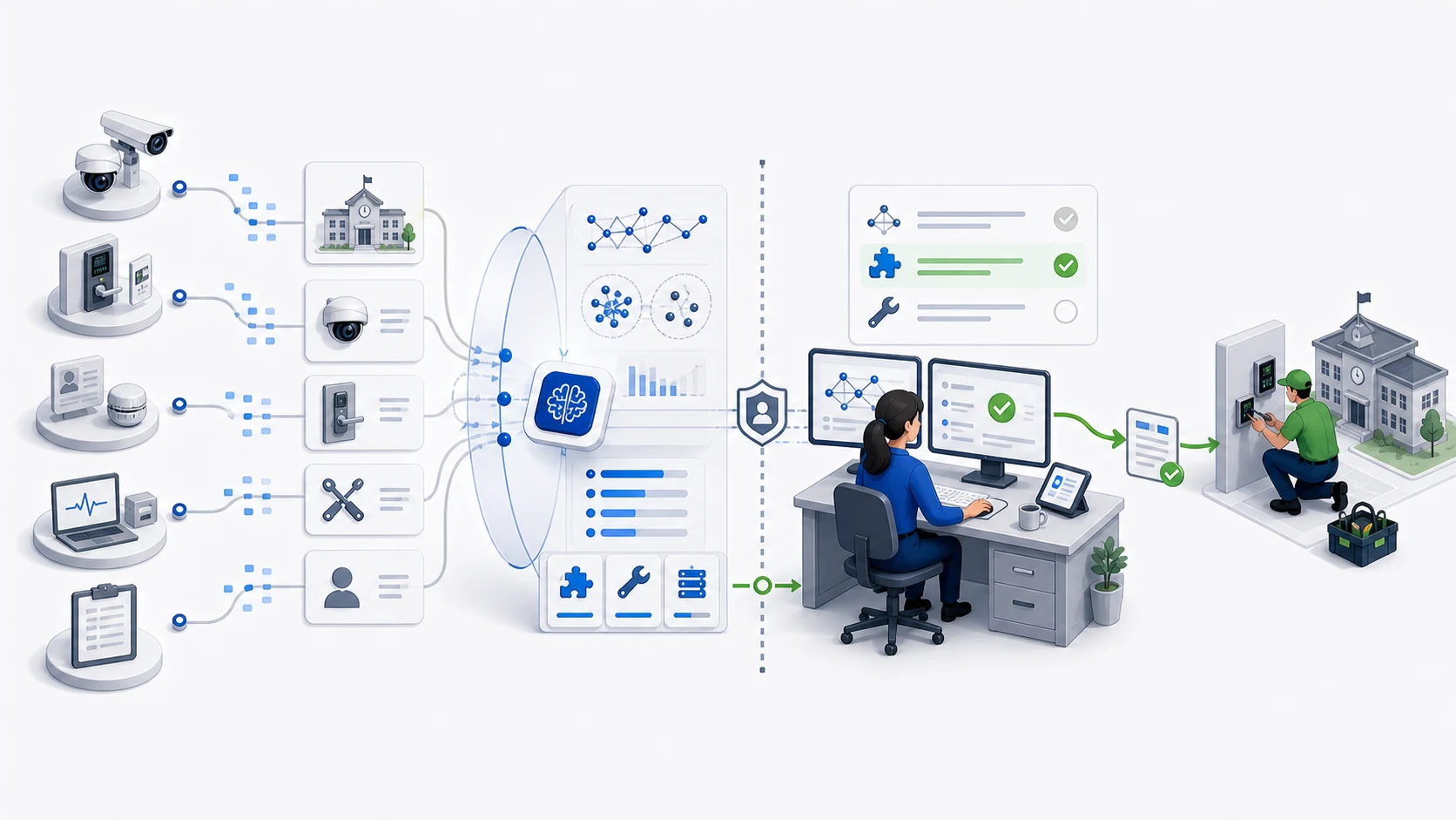 AI helps classify and summarize a security-system issue while a service manager reviews the evidence before assigning work to a technician.
